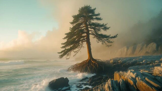 An isolated pine tree along the stony beach