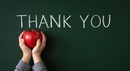Hands holding a red apple in front of a chalkboard with the words thank you written in chalk, conveying gratitude and appreciation