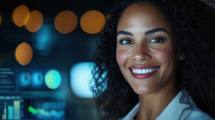 Obraz premium A woman with curly hair is smiling at the camera. She is wearing a white shirt and she is happy