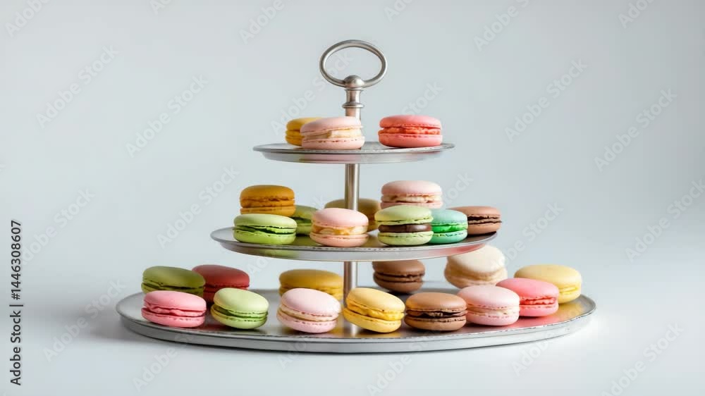 Poster isolated macaron. close-up of colorful macaroons arranged on a two-tier etagere with a backdrop. pas