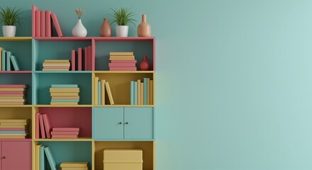 Colorful bookshelf with neatly arranged books, decorative vases, and potted plants against a pastel wall