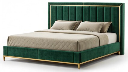 Luxurious green velvet upholstered bed with elegant gold trim and channel tufting, featuring plush bedding, ideal for high-end bedroom interior design.

