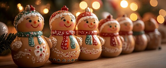Obraz premium Charming row of gingerbread man ornaments with festive winter apparel and a cheerful demeanor