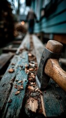 Axe, wood chips, and a distant figure outside a blue house