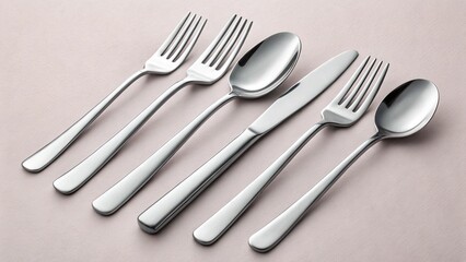 Set of shiny stainless steel cutlery including forks, spoons, and knives, arranged neatly against a light background, ideal for food, dining, or kitchenware themes.

