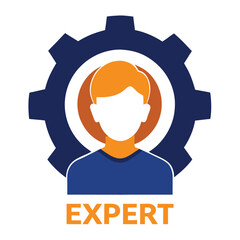 Faceless Engineer Icon with Gear, Orange Hair, Blue Shirt, Expert Text Below