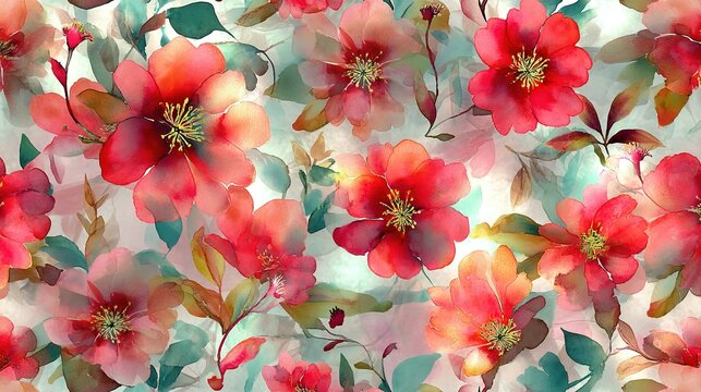 Delicate floral pattern with vibrant red blossoms.