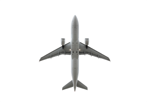 Wide-body commercial jet aircraft in flight, isolated on transparent background