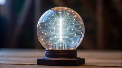 Glass orb with an intricate glowing circuit design within, resting on a dark surface, representing advanced computing, digital foresight, or the mysteries of technology.

