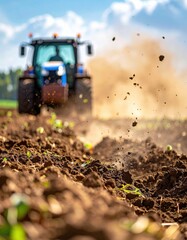 Tractor plowing soil in sunny field