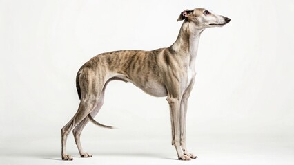 Elegant Whippet or sighthound dog standing gracefully in profile against a clean background, showcasing its slender build and smooth fawn coat.

