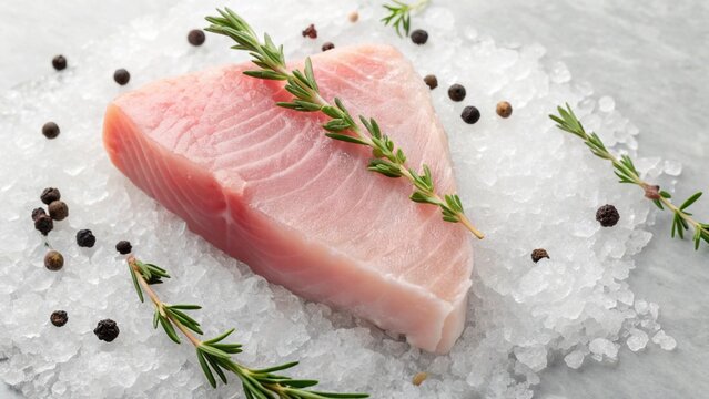 Fresh swordfish fillet seasoned with herbs and spices, presented on a bed of salt, showcasing quality ingredients for culinary websites, blogs, or magazines.

