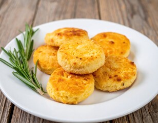 Fototapeta premium Delicious savory cheese biscuits on white plate with fresh rosemary