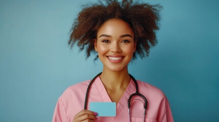 Smiling african female nurse holding blank card against blue background