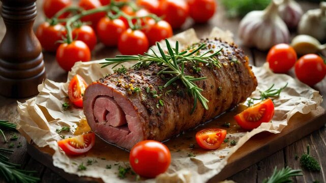 An elegantly prepared roast is garnished with herbs and accompanied by fresh tomatoes and garlic cloves, showcasing lively colors.