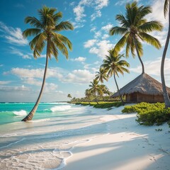White sand beach with palm trees and sun
