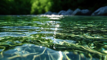 Fototapeta premium The water is calm and clear, with a few ripples and reflections. The sunlight is shining on the water, creating a serene and peaceful atmosphere