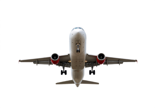 Wide-body commercial jet aircraft in flight, isolated on transparent background
