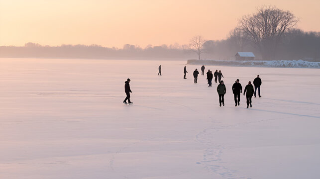 Frozen lake Kaag (Netherlands) with ice skaters following the (supposedly) safe track of earlier scaters
