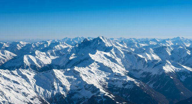 Aerial view of snow capped mountain range under a clear blue sky on a bright sunny day landscape - Powered by Adobe