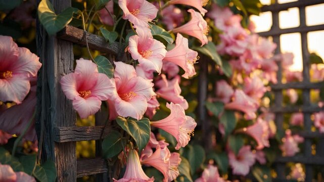 A mandevilla vine adorned with big, trumpet-shaped blooms climbing beautifully.