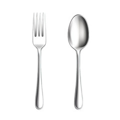 Shiny silver spoon and fork cutlery set isolated on food life metal still on transparent background