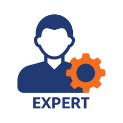 Man Silhouette Holding Gear. Blue Figure With Orange Mechanical Cogwheel. Symbol