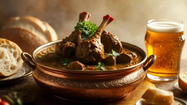 Served with beer and bread, this lamb curry is presented in a traditional dish.