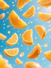 Fototapeta premium Floating orange slices splash in sunlight against a clear blue sky during a warm summer day