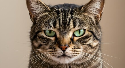 Fototapeta premium Curious Tabby Cat in Cozy Home Interior: Close-up Portrait with Warm Ambient Lighting