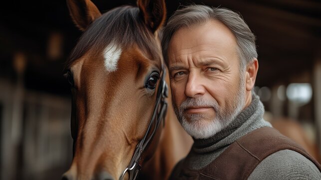 A serene moment between a man and his horse showcasing companionship and trust in an equestria