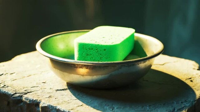 A green sponge inside a metal bowl resting on a surface.