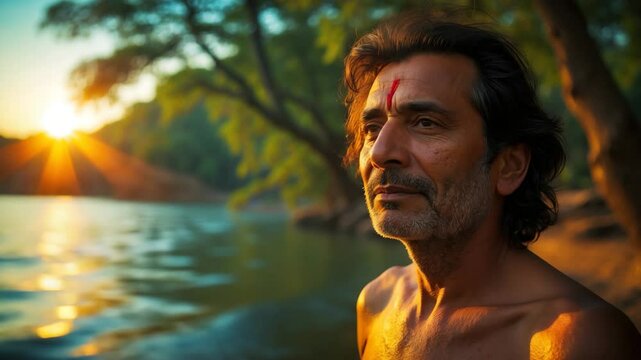 An individual appreciating the lovely sunset alongside the river