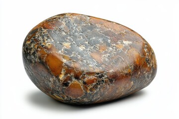 Smooth brown and black speckled river rock isolated on white background showing unique texture and