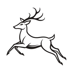 Black and White Outline of Majestic Reindeer Jumping with Detailed Antlers Isolated