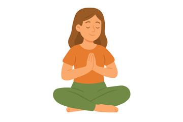 Vector cartoon girl sitting cross-legged in yoga prayer pose with closed eyes and calm face.
