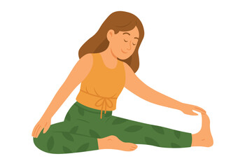 Vector cartoon girl sitting in forward bend yoga pose, touching foot with calm expression.