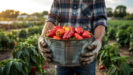 Farmer Harvesting Freshly Picked Peppers from the Field