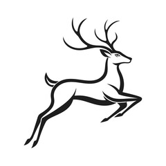 Elegant Leaping Stag Silhouette with Large Antlers in Black and White Design Style