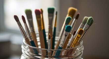 A collection of paint brushes with various colors and sizes in a clear glass jar on a blurred background