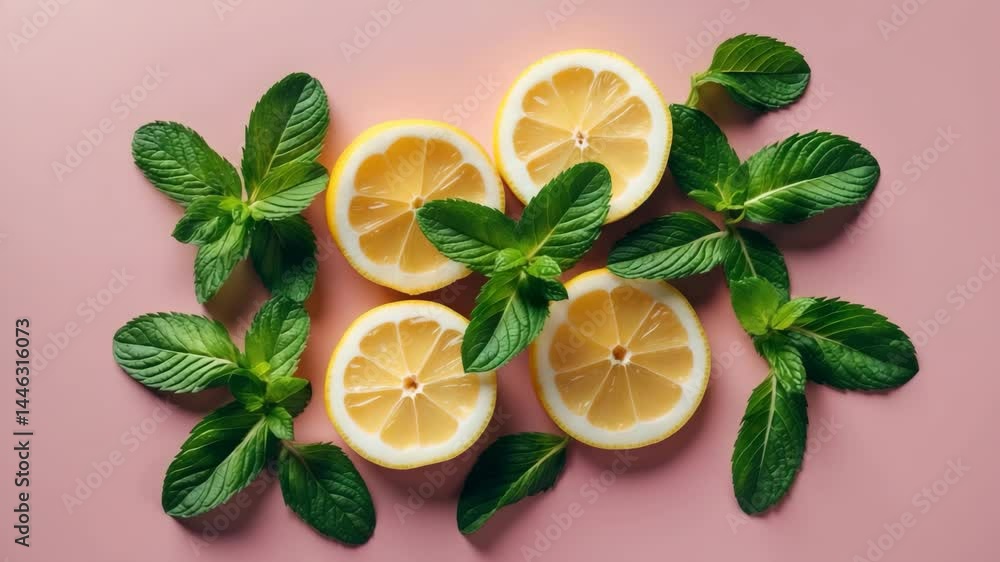 Poster citrus slices and mint leaves form a border against a backdrop with open space above. aerial view of