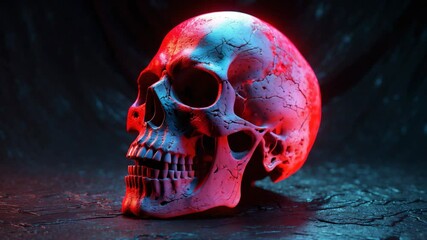 A crimson-lit skull glowing in shadowy surroundings, generating a haunting and mysterious ambiance