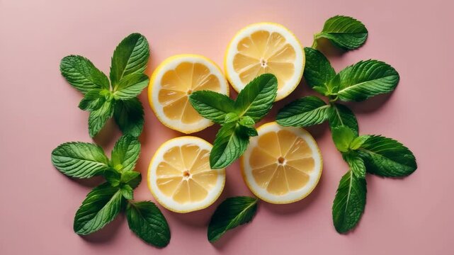 Citrus slices and mint leaves form a border against a backdrop with open space above. Aerial view of the frame design.