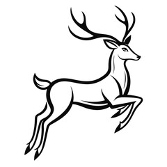 Elegant Black and White Deer Silhouette Leaping, Antlers, Isolated on White, Wildlife