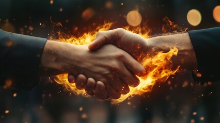 Hands shaking with fire on a blurred sports management firm background, conveying heated sports agreements.