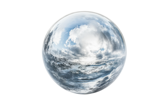 Crystal Globe Reflecting Sky Ocean Dreamscape soft light white background - Powered by Adobe