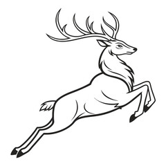 Line Art of Jumping Deer with Antlers, Silhouette Buck Outline on White Background