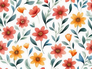 Watercolor Hand-Painted Seamless Flower Pattern Background with Fall Leaves - Colorful Floral Design