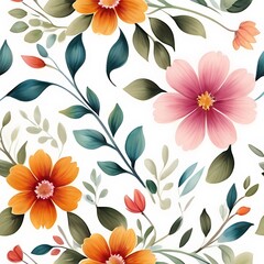 Watercolor Hand-Painted Seamless Flower Pattern Background with Fall Leaves - Colorful Floral Design