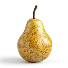 A single ripe yellow pear with brown speckles sits on a white background isolated for easy digital use.